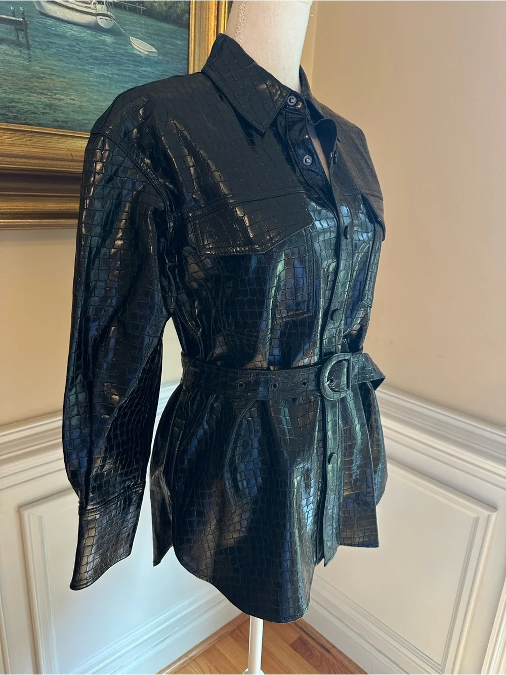 ZARA Black Faux Leather Croc Embossed Shirt Belted Jacket NWT